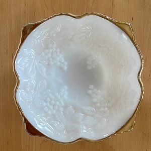Elegant Gold Trim Milk Glass Candy, Bon-Bon Dish Bowl Anchor Hocking Vtg.